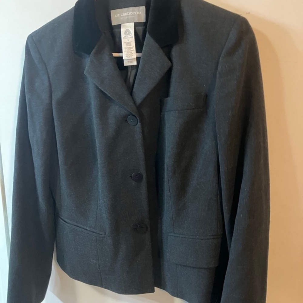 Liz Claiborne Collection Wool Blazer Jacket Gray Black Velvet Collar Size 6